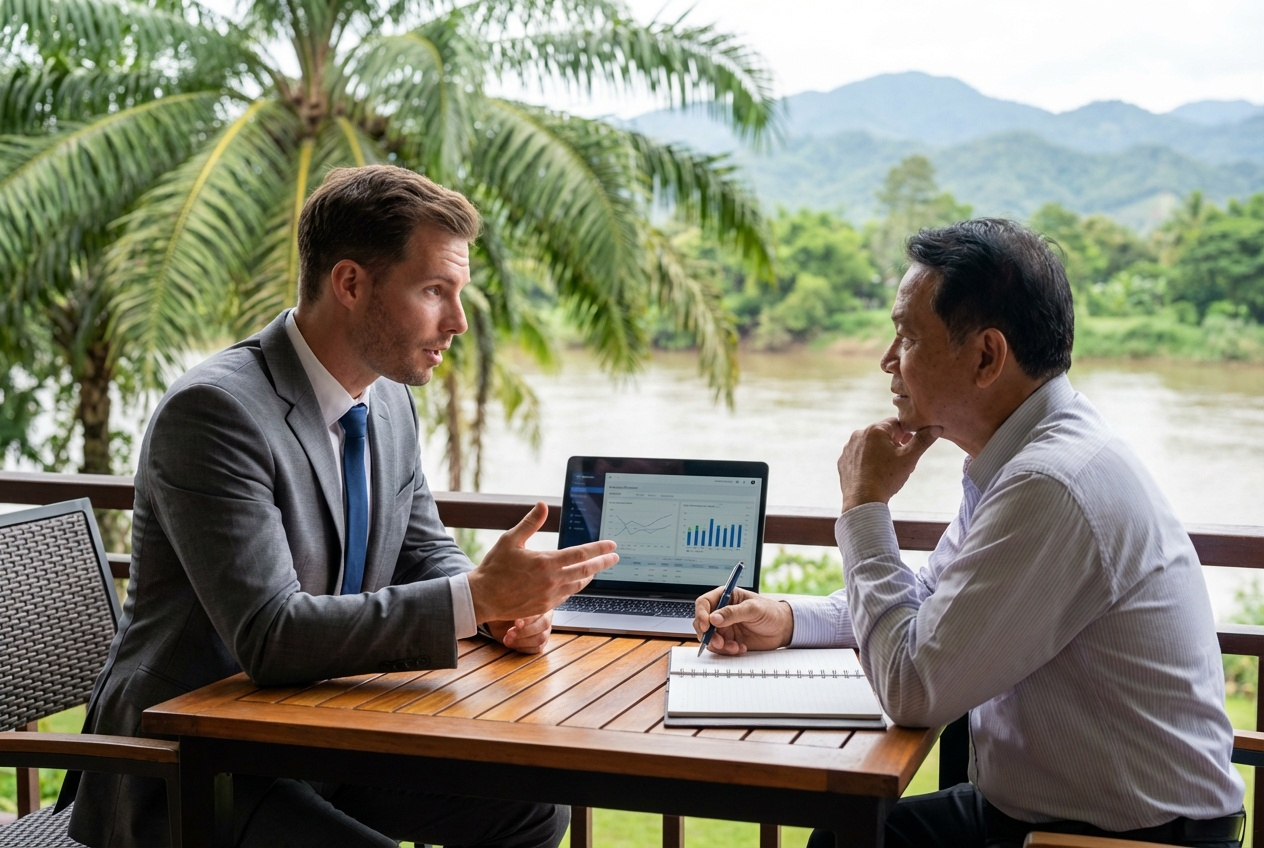 Robert Müller conducting business analysis and consultancy at a golf course in Thailand